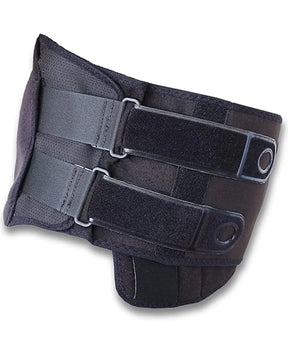 Angled flat-lay of black Matriarch pregnancy support belt showing dual adjustable Velcro straps and breathable lining on white