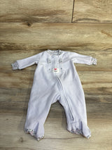 Flat lay of lilac Carter's blanket sleeper, 3 months, showing embroidered bunny face, diagonal zipper and floral-trimmed cuffs on wood floor