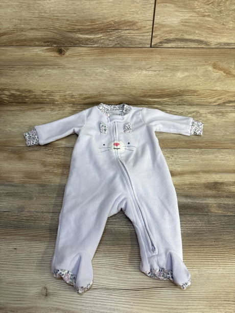 Flat lay of lilac Carter's blanket sleeper, 3 months, showing embroidered bunny face, diagonal zipper and floral-trimmed cuffs on wood floor