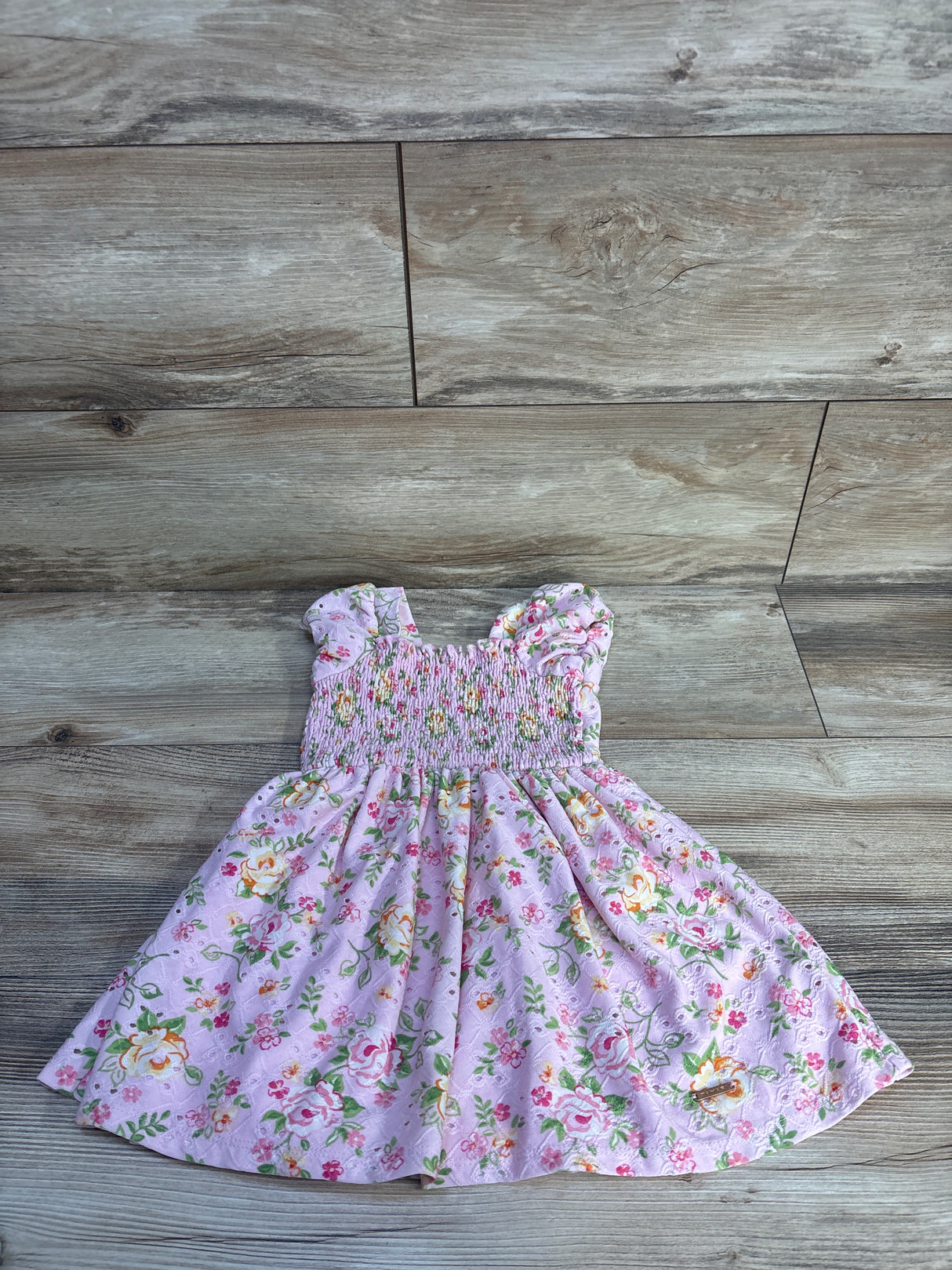 Tahari Girl Floral Fit & Flare Smocked Dress Pink sz 2T