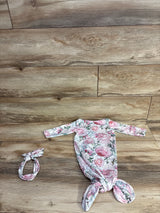 2pc Floral Knotted Sleeper Gown & Headpiece White sz 1-3m