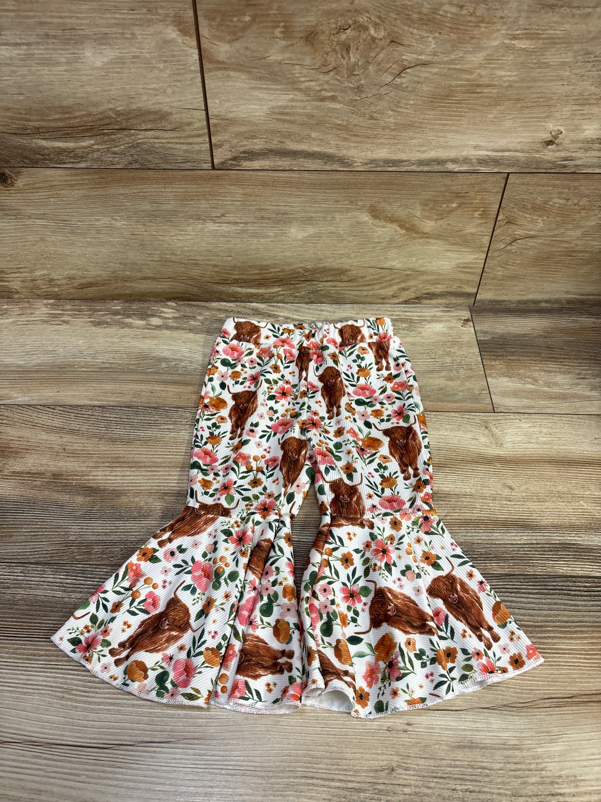 Highland Cow Ribbed Bell Bottom Pants White sz 2T
