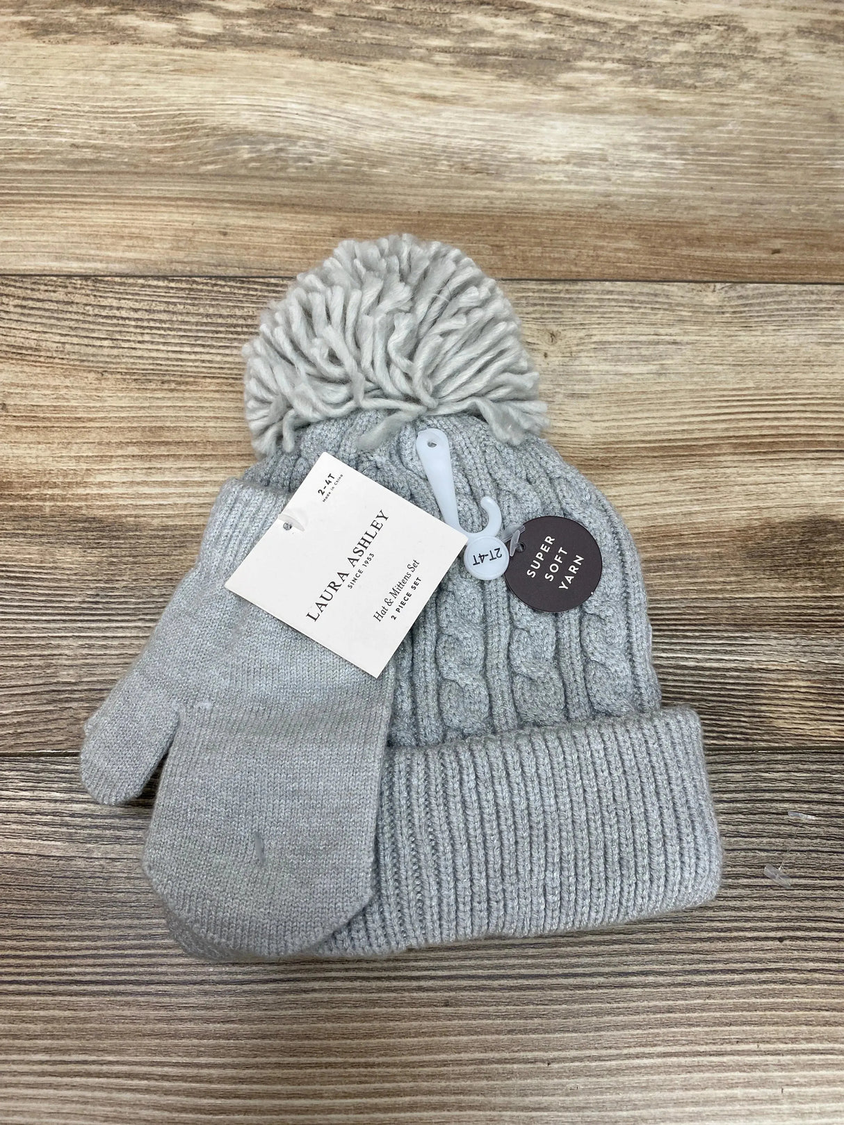 NEW Laura Ashley Grey Hat & Mittens Set sz 2-4T