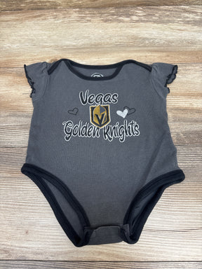 Front view of grey NHL Golden Knights bodysuit size 18 months with team crest and ruffled sleeves
