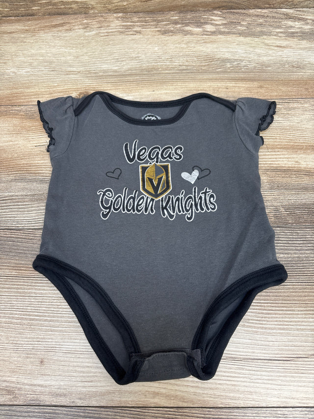 Front view of grey NHL Golden Knights bodysuit size 18 months with team crest and ruffled sleeves
