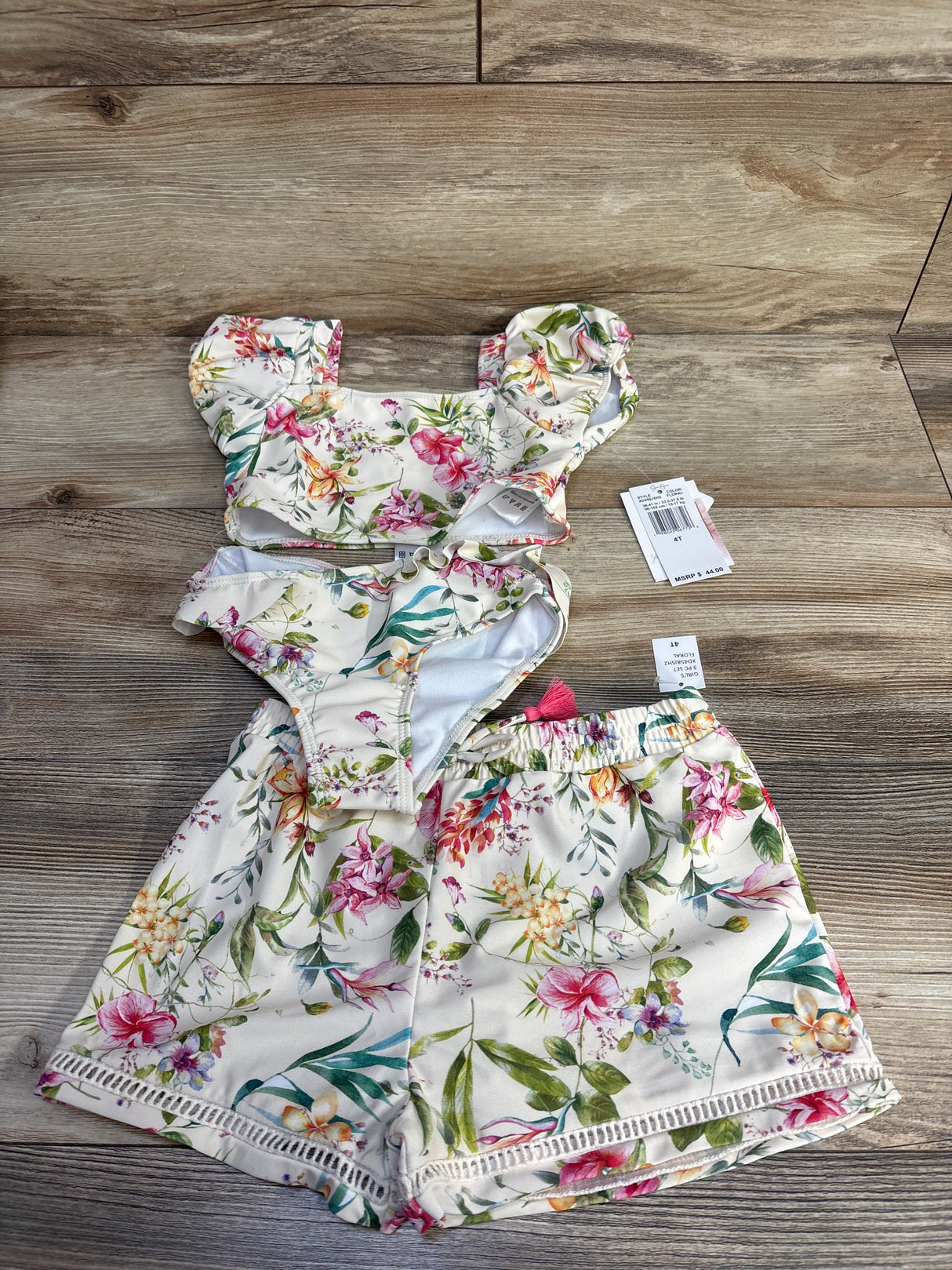 NEW Jessica Simpson 3pc Floral Swimsuit Set Ivory sz 4T