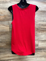 Front view of red Isabel Maternity tank top (XL) with scoop neckline on black mannequin against wood background