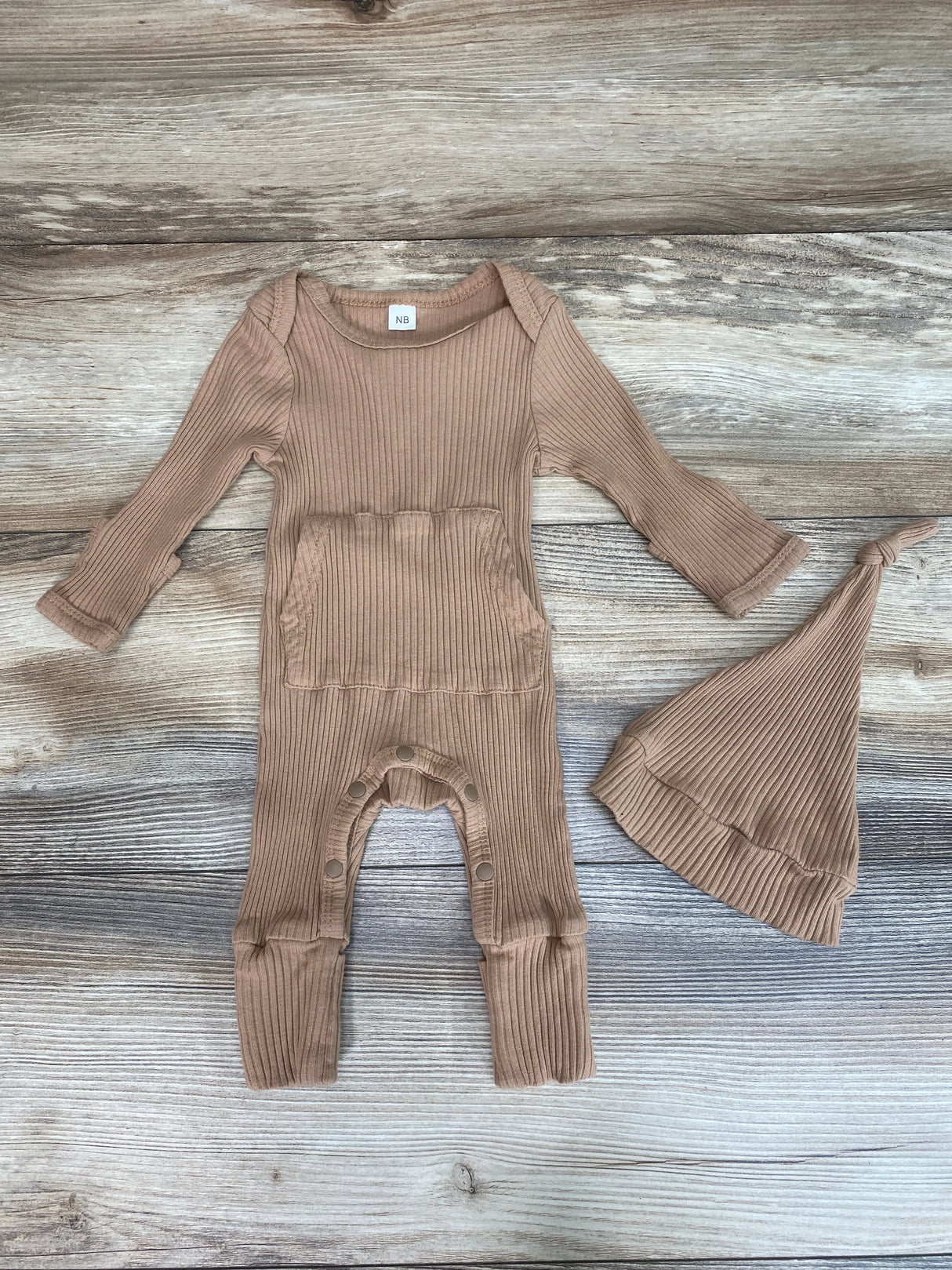 2pc Ribbed Hat & Coverall Brown sz Newborn