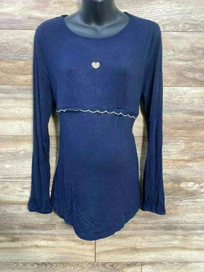 Front view of Vertbaudet navy long-sleeve nursing top with layered nursing panel, scalloped trim and gold heart on wood
