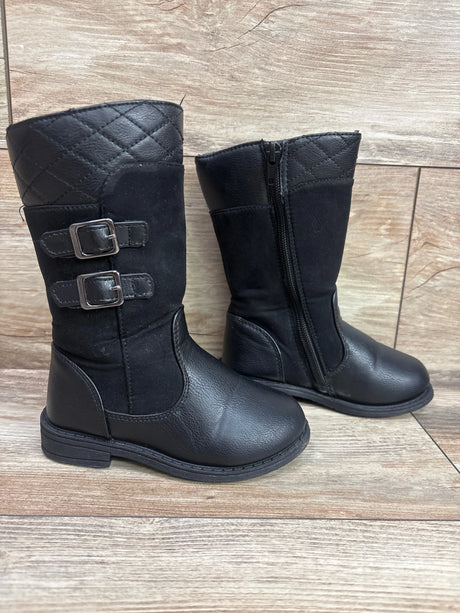 Front and side views of Rachel Shoes Lil’ Courtlyn boots in black, showing quilted shafts, buckle straps, and side zipper