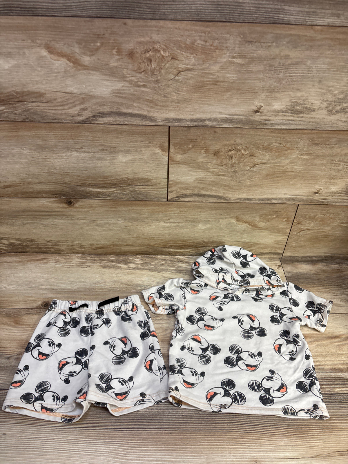 Disney Baby 2pc Mickey Mouse Hooded Shirt & Shorts Set Beige sz 24m