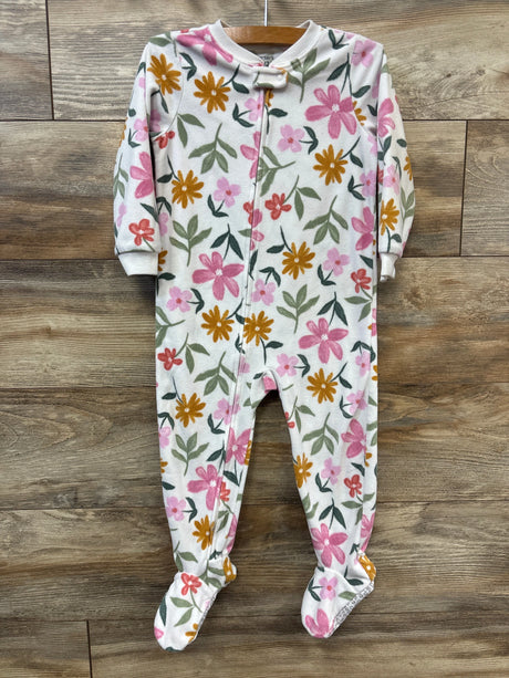 Front view of Carter’s white 3T blanket sleeper showcasing floral print, footed legs, and front zipper on wood background