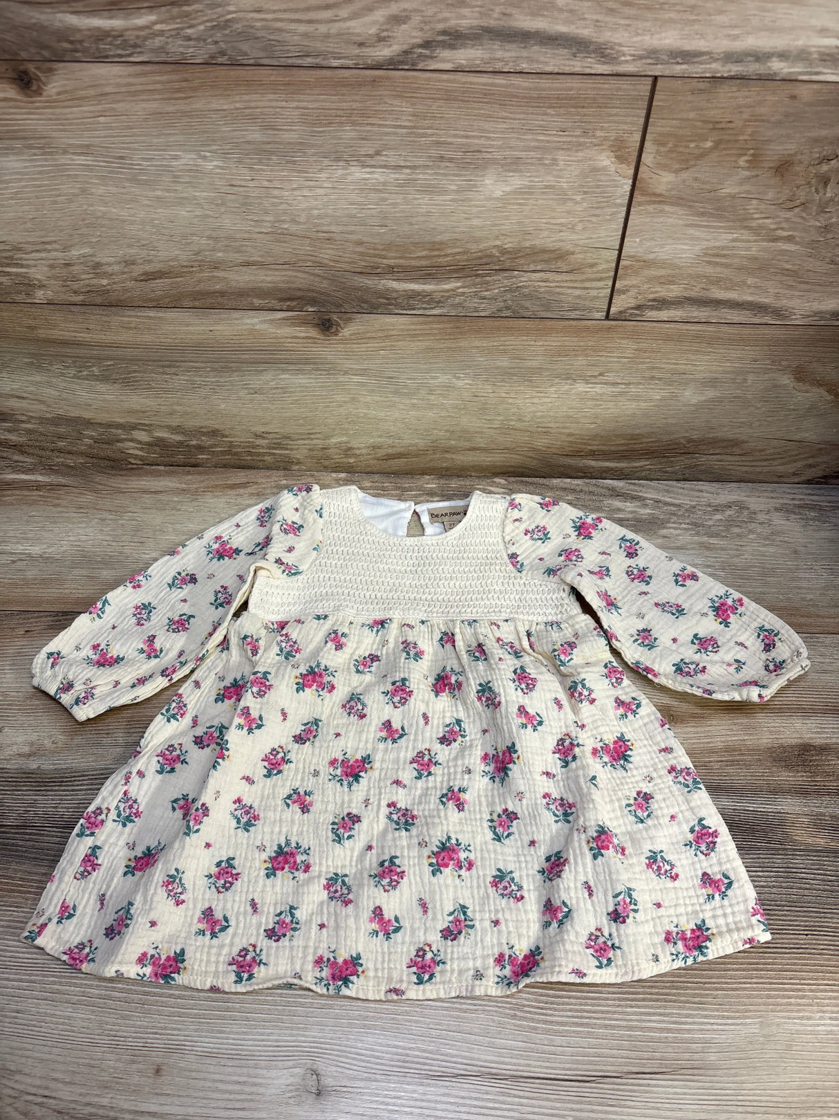Bearpaw Gauze Long Sleeve Floral Dress Ivory sz 2T