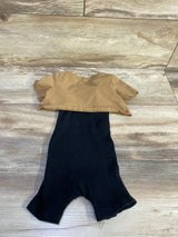 Flat lay of 2-piece baby set: brown cropped tee and black ribbed romper, size 12–18 months, on wood floor