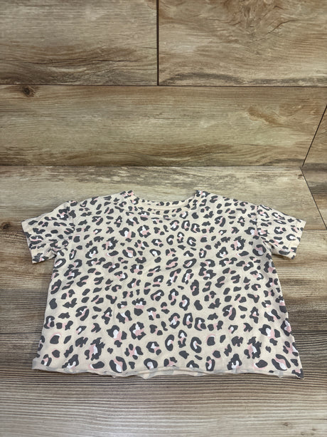 Front view of Grayson Mini Leopard Shirt in tan, size 5T, showcasing leopard print and short sleeves on a wood background