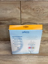 Back of Dr Browns 3-pack wide-neck 9 oz bottle box showing Level 1 slow-flow nipple and anti-colic info on wood background