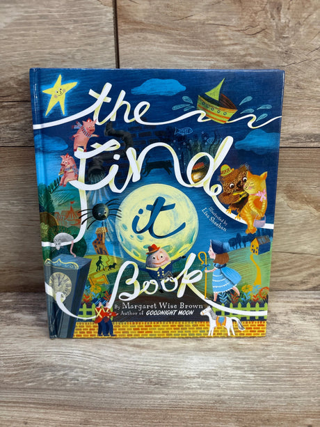Front view of The Find It Book hardcover showcasing colorful illustrated cover characters and moon with wooden background