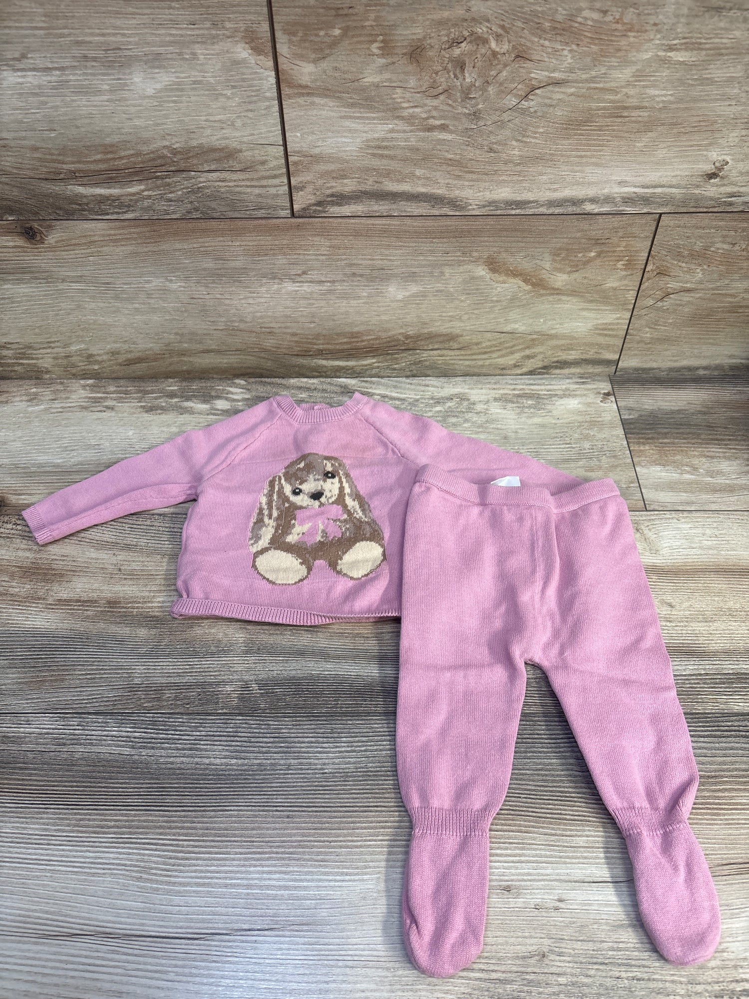 Rock a Bye Baby Boutique 2pc True Knit Bunny Top & Footed Pants Set Pink sz 3-6m