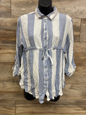 Blue and white striped maternity shirt with drawstring waist, displayed on mannequin