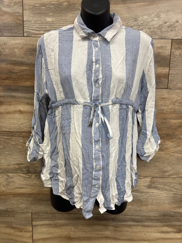 Blue and white striped maternity shirt with drawstring waist, displayed on mannequin