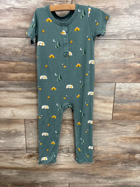 Green baby romper with camping print, tents, trees, trailers, and campfires