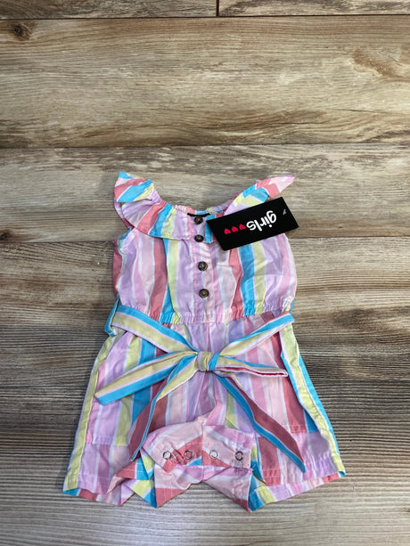 Top-down view of girls striped shortie romper with pastel stripes, ruffled collar, waist tie bow, and snap crotch on wood background
