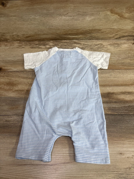 Back view of Me and Henry striped henley romper in size 6/9m showcasing blue and white stripes with white short sleeves on a wood surface