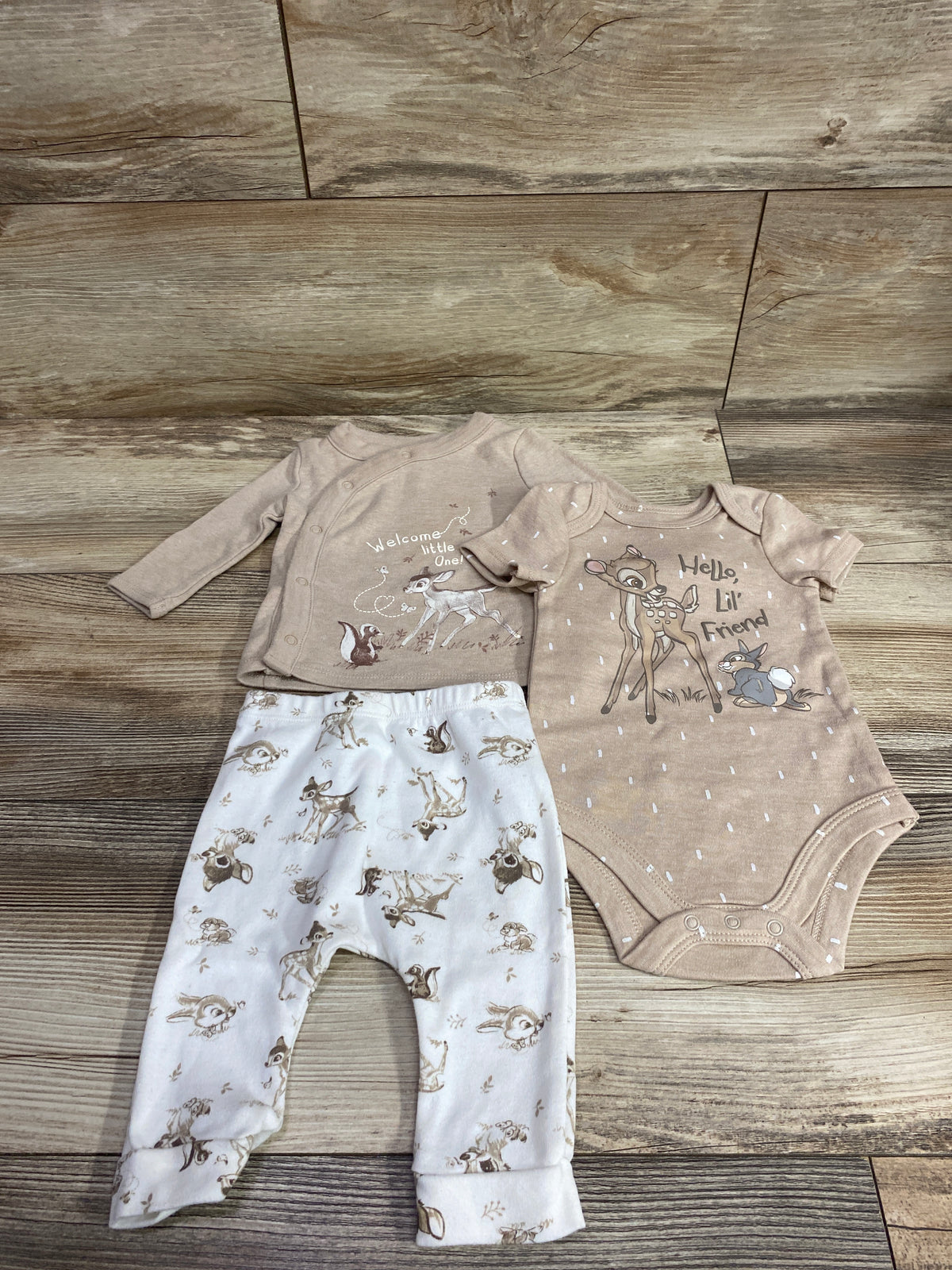Disney Baby 3pc Bambi Kimono Shirt, Bodysuit, & Pants Set Tan sz 0-3m