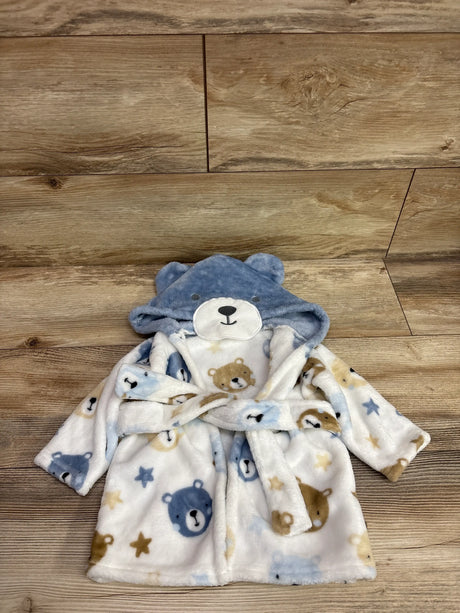 Front view of a white plush bear print hooded robe, size 0 to 6 months, with bear-ear hood, belt, and star pattern