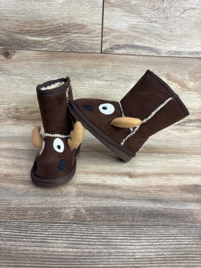 Pair of Lazy One Kid's Moose slipper boots sz 4/5C with brown faux-suede, plush lining, moose face and antlers on wood background