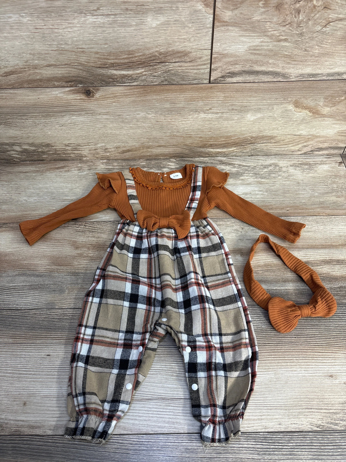 2pc Plaid Jumpsuit & Bow Headband Set Brown sz 6-9m