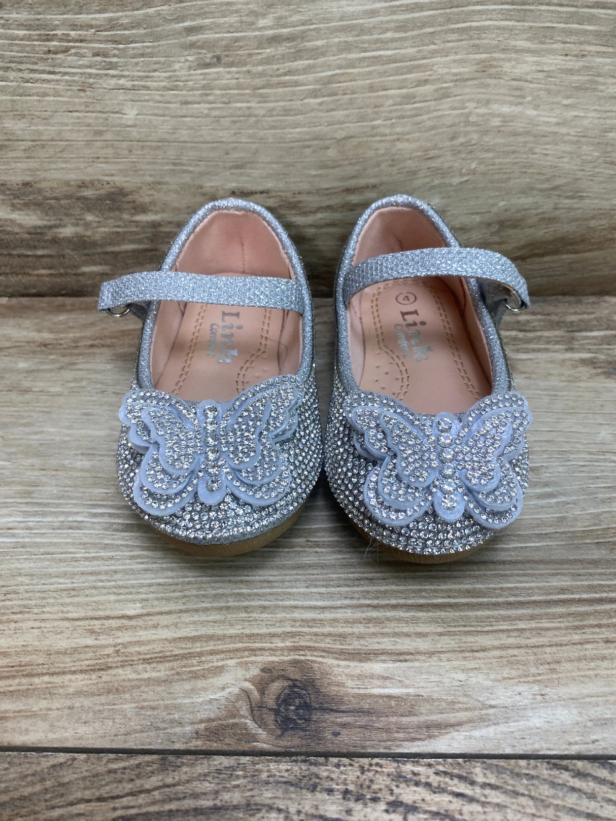 Link Rhinestone Butterfly Ballet Flats Silver Sz 4c