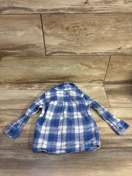 Back view of Child of Mine blue and white plaid button-up flannel shirt, long sleeves, button cuffs, on wood background