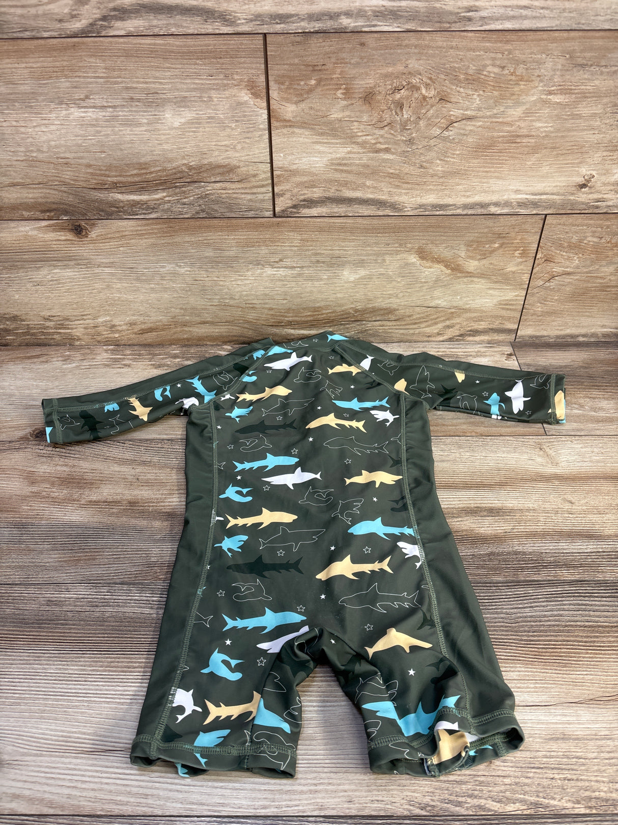 Best For All Shark Print Long Sleeve Zip Rash Guard Romper Green sz 12-18m