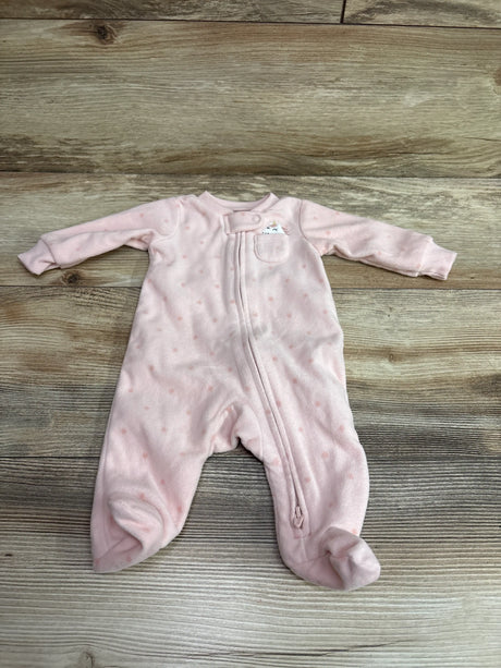 Pink Carter's newborn blanket sleeper with white polka dots and a small animal pocket