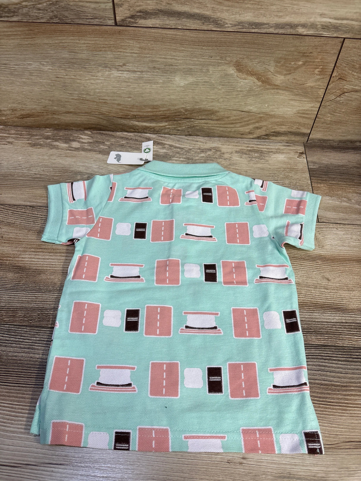 Front view of Monica + Andy Smores polo shirt in blue, size 3T, with short sleeves and an all-over Smores print