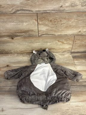 Adorable gray hedgehog-themed baby onesie with hood, soft fleece, and white belly panel