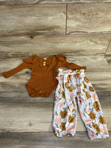 2pc Ribbed Bodysuit & Floral Pants Set Brown sz 12-18m