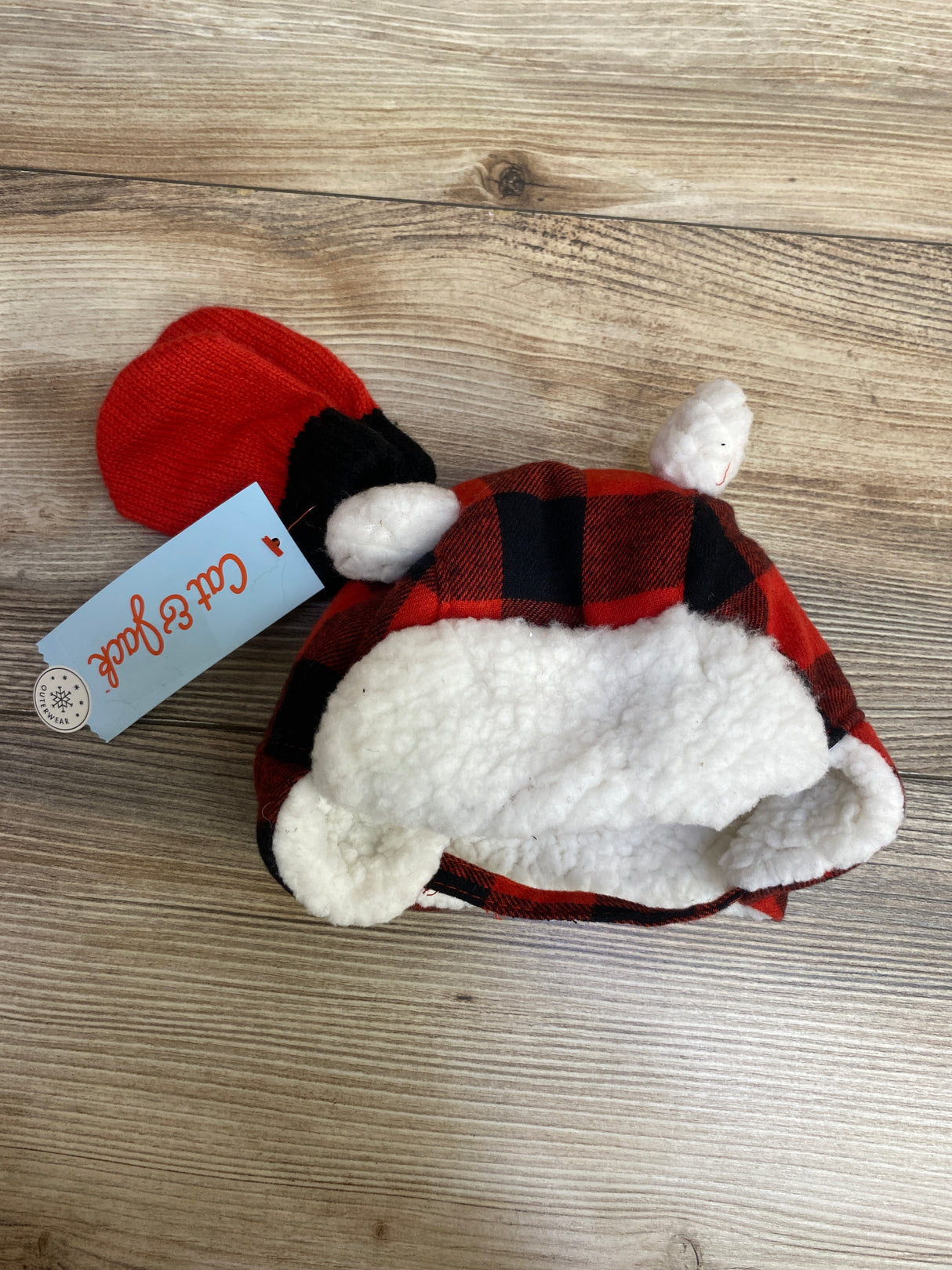 NEW Cat & Jack Buffalo Check Faux Fur Hat & Mitten Set sz NB