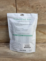 Rear view of Motif Pregnancy Back Brace package showing Pregnancy Back Brace headline, size chart and usage instructions on a wooden floor background