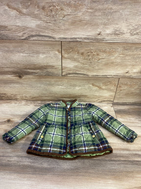 Front view of Janie and Jack The Equestrian plaid jacket showcasing green plaid quilting and front pockets on a wood floor
