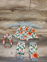 Long Sleeve Ribbed Floral 3pc Bodysuit Dress, Leg Warmers, & Headband Set Green sz 3-6m