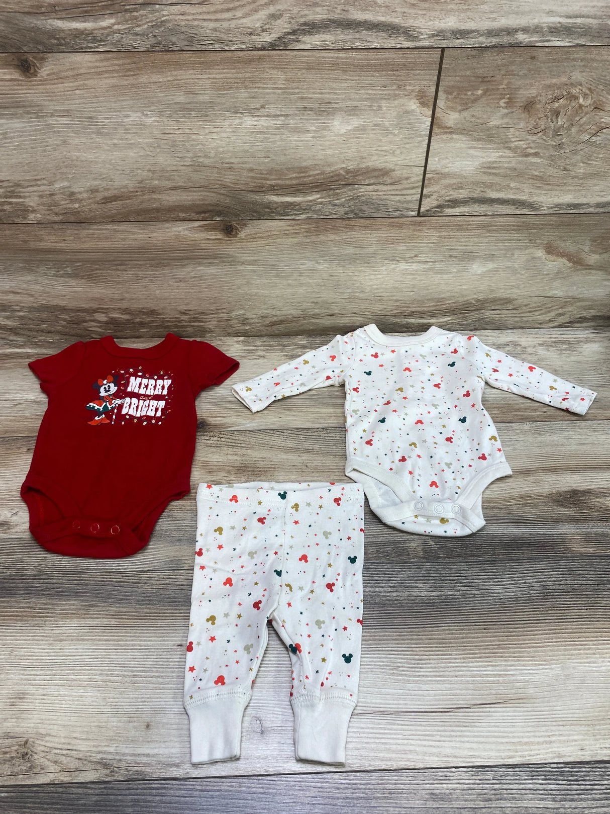 Disney Store 3pc Merry and Bright Bodysuit Set Red/Cream sz 0-3m