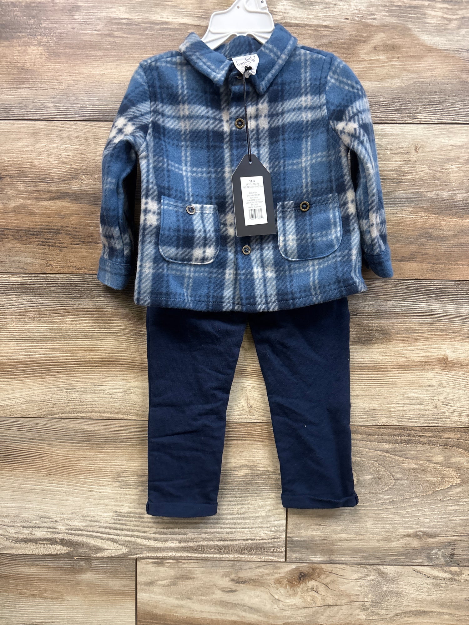 NEW Bon Bebe 2pc Fleece Shacket & Pants Set Blue sz 12m