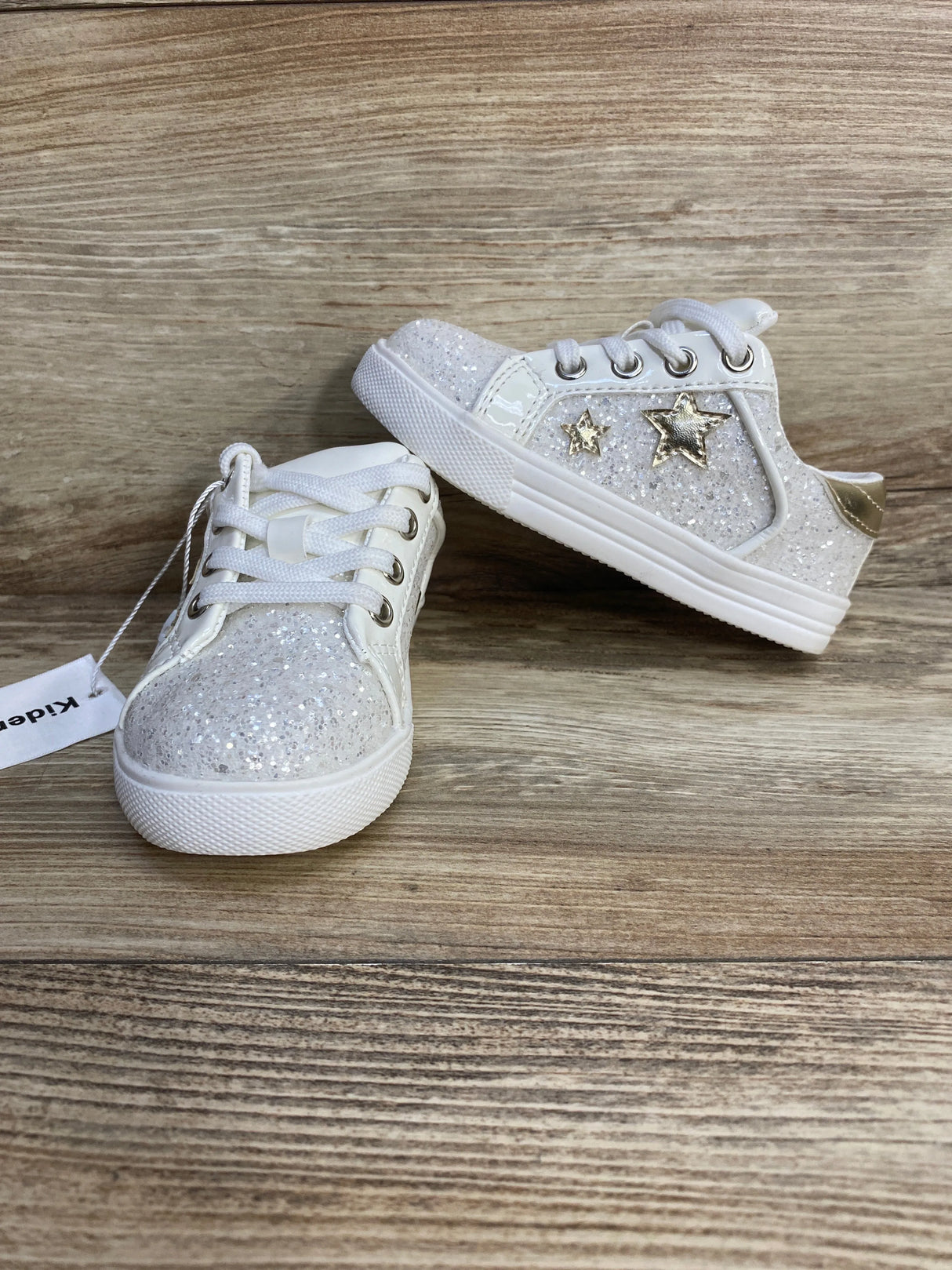 NEW Kiderence Girls Running Sneakers Glitter Stars White sz 7c