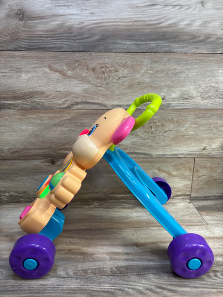Side view of Fisher Price Laugh and Learn puppy walker with activity panel, green handle and purple wheels on wood background