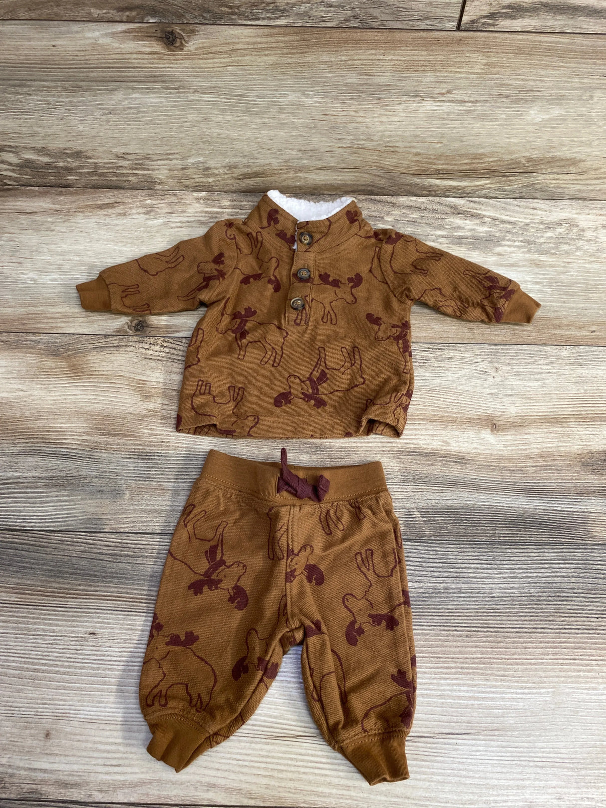 Just One You 2pc Moose Print Henley Pull Over Sweater & Pant Set Brown sz Newborn