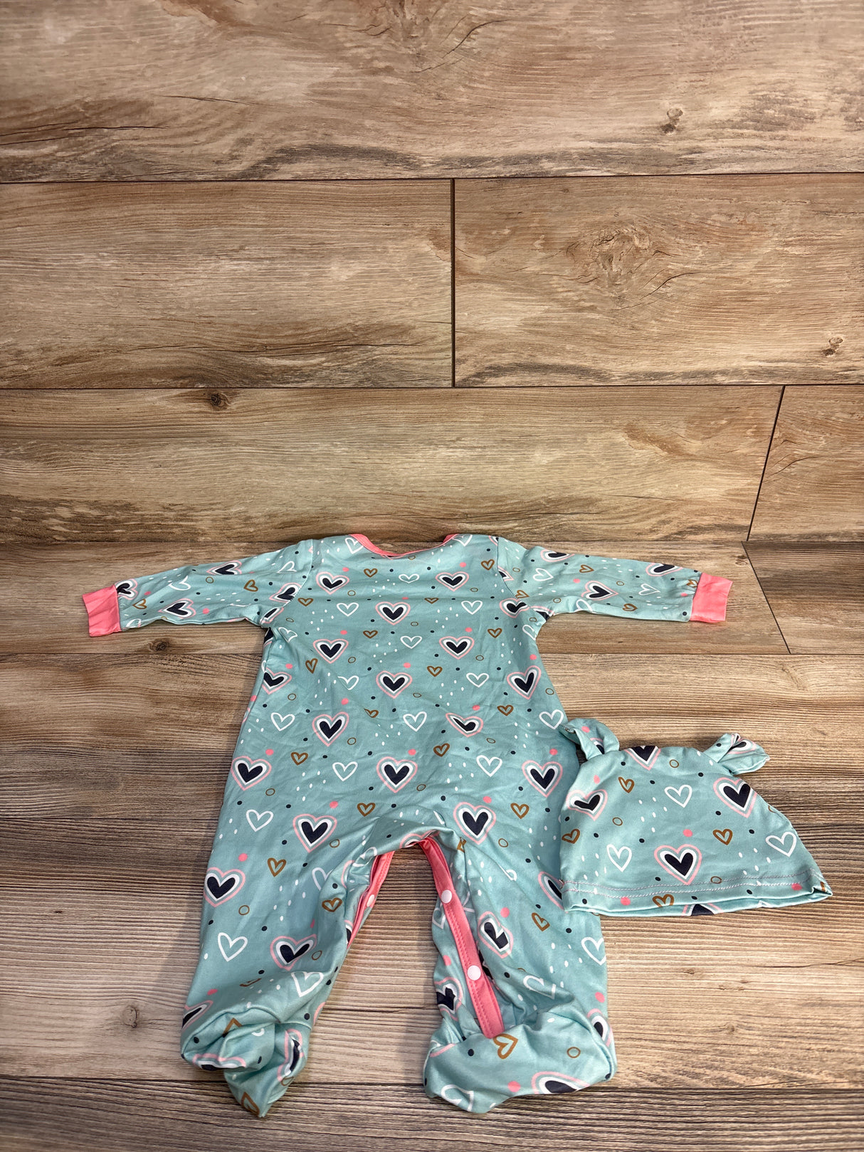 2pc Heart Print Footed Coverall & Hat Set Blue sz 6-9m