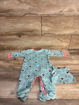 2pc Heart Print Footed Coverall & Hat Set Blue sz 6-9m