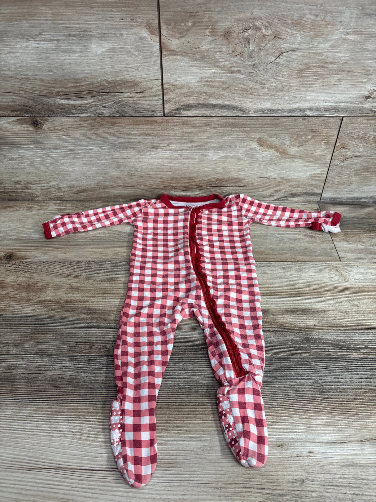 Kickee Pants Bamboo Ruffle Zip Footie in Wild Strawberry Gingham Red sz 3-6m